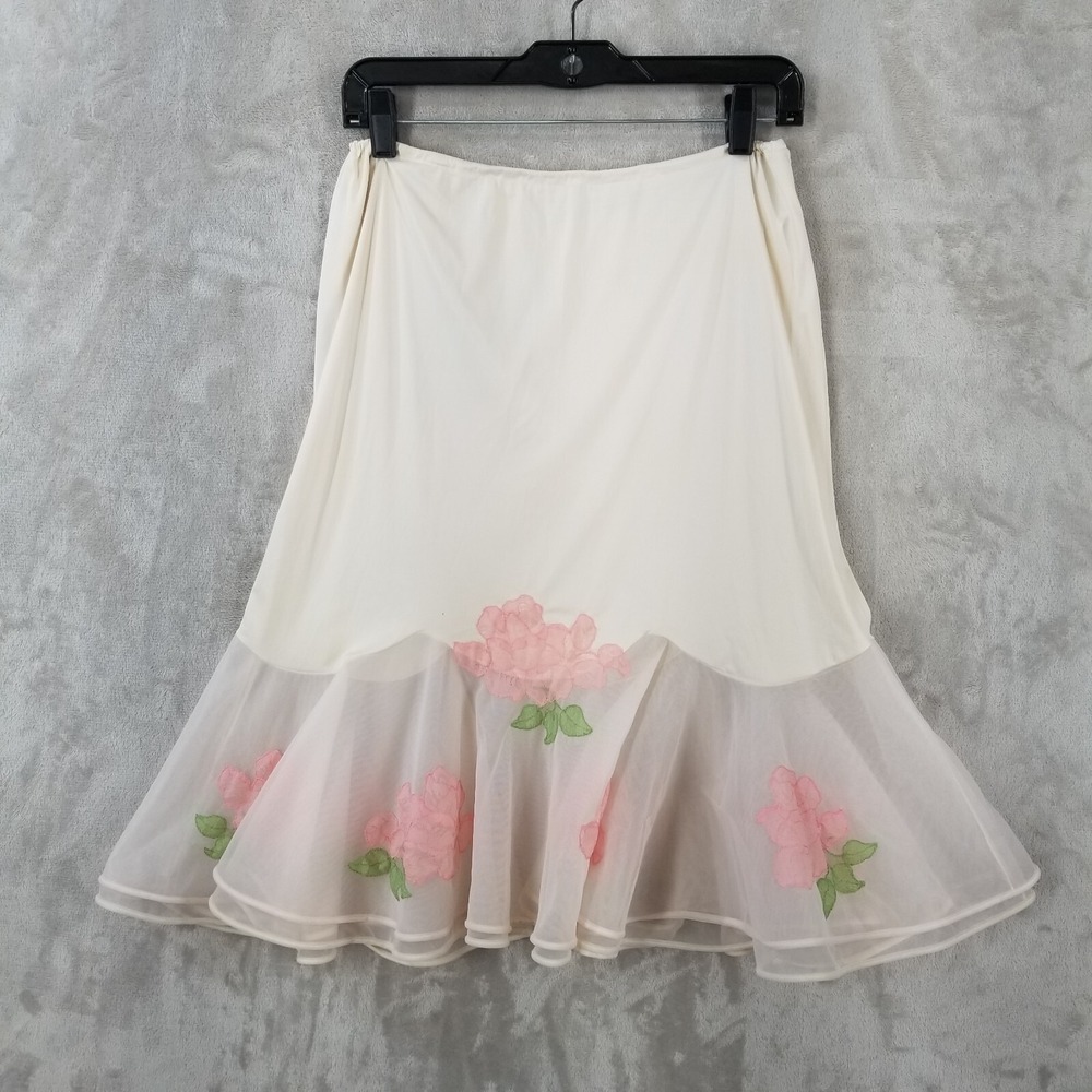 Vtg Half Slip Tulip Skirt 12 Pink Satin Chiffon Roses Lace Applique Nylon USA
